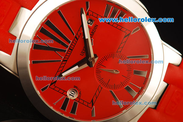 Ulysse Nardin Dual Time Automatic Movement Steel Case with Red Dial and Red Rubber Strap - Click Image to Close